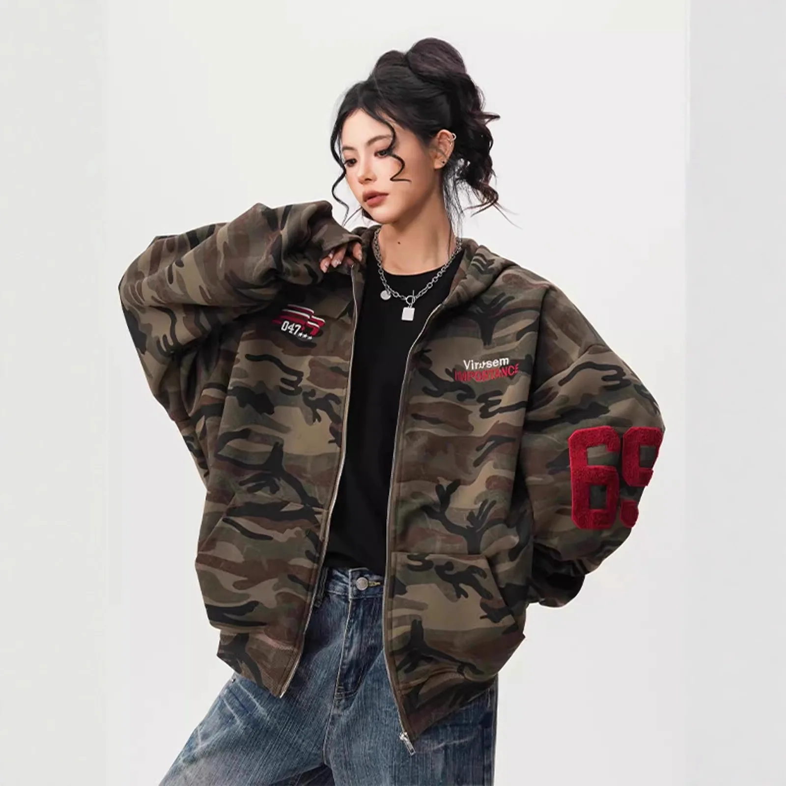 American High Street Camouflage Open Cardigan Hoodie For Men Women Spring Autumn Fashion Couple Zipper Jacket Loose Streetwear