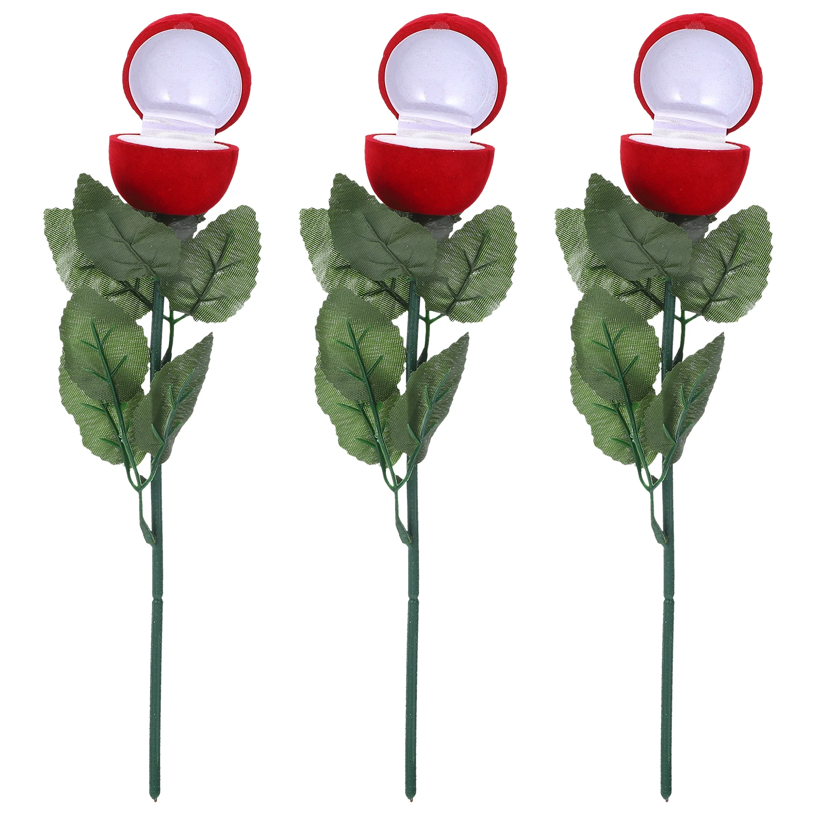 

3pcs Rose Ring Box Red Holder Breathable Velvet Lifelike Proposal Wedding Birthday Anniversary Storage Case Container
