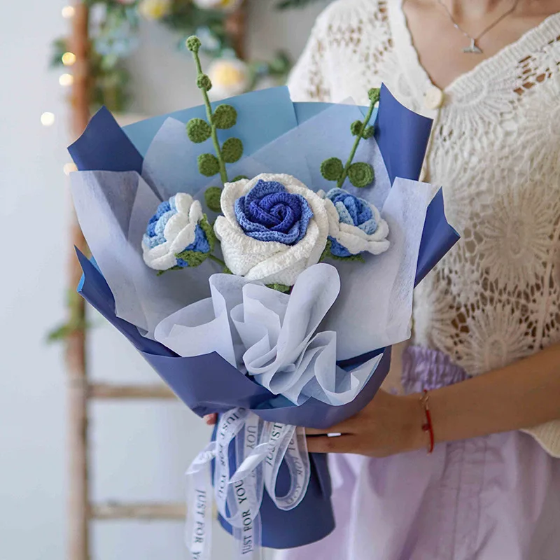 Finished Knitted Flowers Bouquets Wine Glass Roses Crochet Bouquet Creative Gifts For Valentine Mothers' Day Birthday Graduation