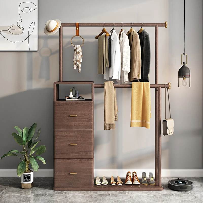 Light Luxury Solid Wood Coat Rack Household Floor Hallway Bedroom Multifunctional Hanger Sub Storage Cabinet Integrated