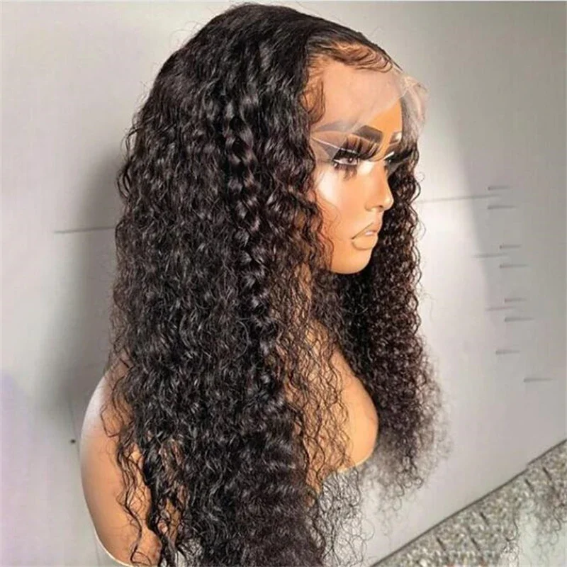 Soft 180Density Preplucked Natural Black 26Inch Kinky Curly Long Deep Lace Front Wig For Women With Baby Hair Glueless Daily