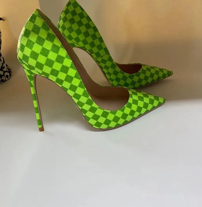 

2022 Women Heels Pumps Spring/Autumn Green Plaid Glitter Sexy Shallow Fashion Female Dress High Heels Shoes Plus Big Size 45