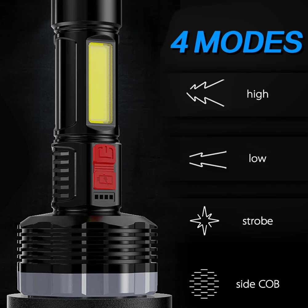 Super Bright 9LED+COB Flashlight 4 Modes Waterproof USB Rechargeable Torch Outdoor Fishing Camping Long Life build-in Battery