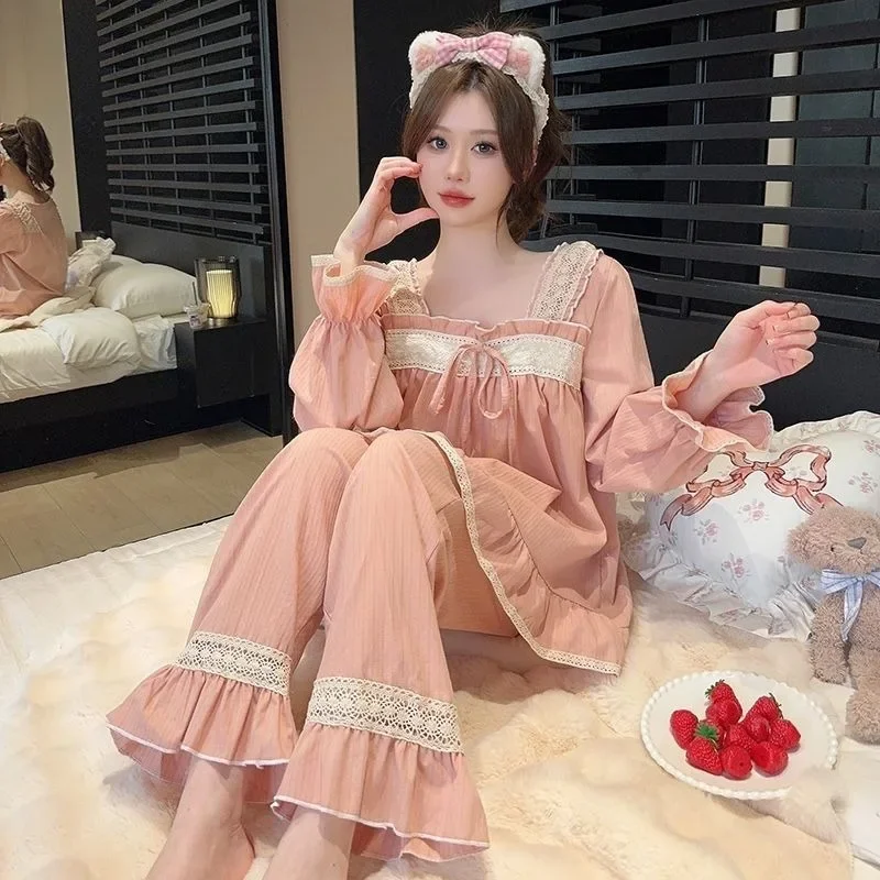 Sweet Lace Long Sleeve Flounce Thin Home Service Two-piece Pajama Women Spring Autumn Sleepwear 2024 New Cotton Cute Loungewear