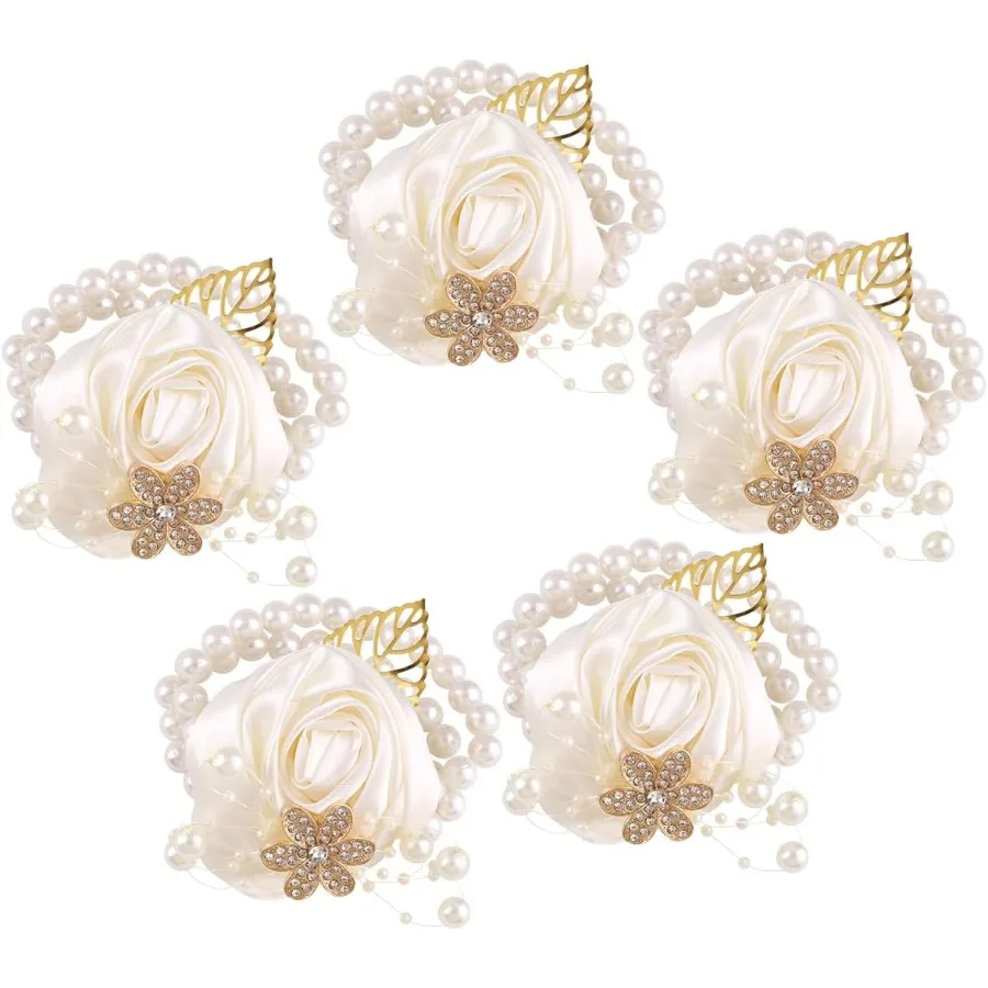 

5 шт., атласный корсаж на запястье с жемчугом и бисером, искусственные цветы и корсажи, декор на запястье для выпускного/свадьбы/юбилея и т. д. Слоновая кость