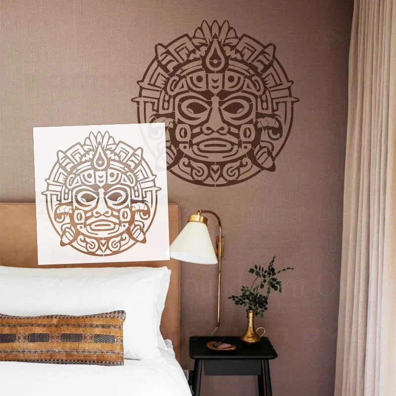 Plantilla de pared de 40cm - 81cm para decoración de pintura de yeso, plantilla de masilla decorativa, pintura Tlaloc, simbolismo mexicano, tótem, cara S658