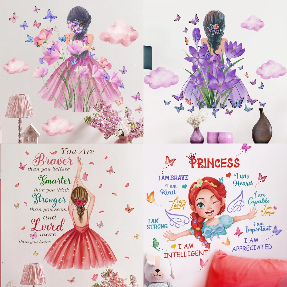 

Pink Girl Butterfly Cloud Wall Stickers Home Background Living Room Cartoon Decoration Bedroom Wall Stickers WholesaleStickers
