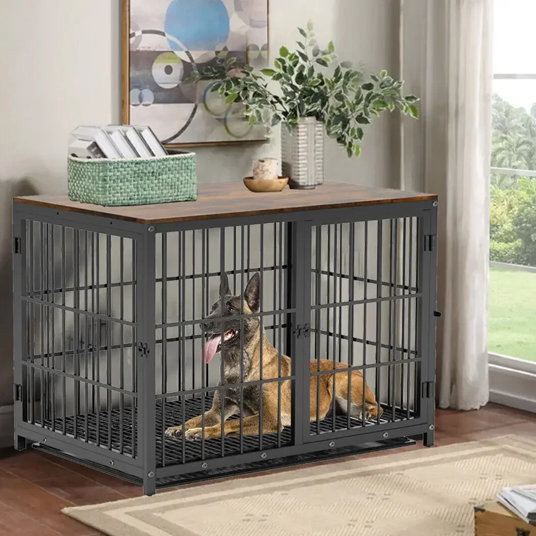 Furniture Style Dog Crate Metal and Wood Pet Kennel End Table with Three Doors and Removable Tray