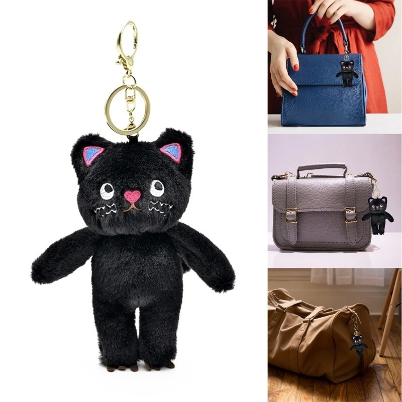 Speechless Cat Keychain Plush Mysterious Black Cat Doll Toy Keyring Bag Charm Backpack Decor Car Keys Holder for Couple