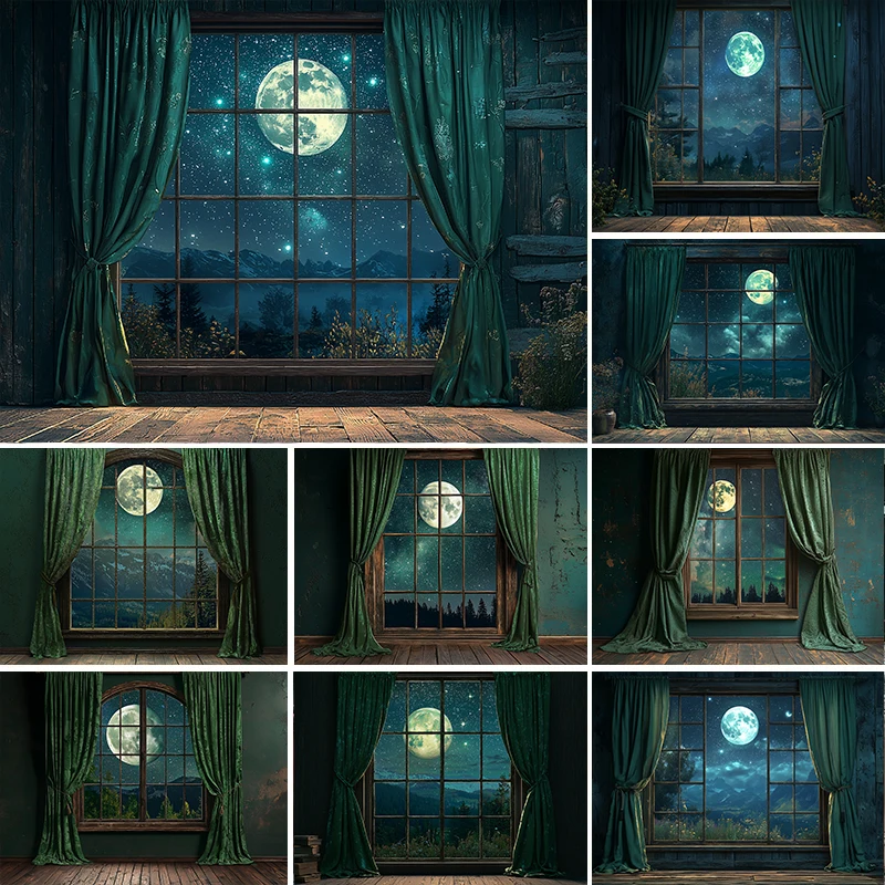 

LS Photography Background Christmas Green French Window Curtain Xmas Tree Kids Family Portrait Decor Backdrop Photo Studio