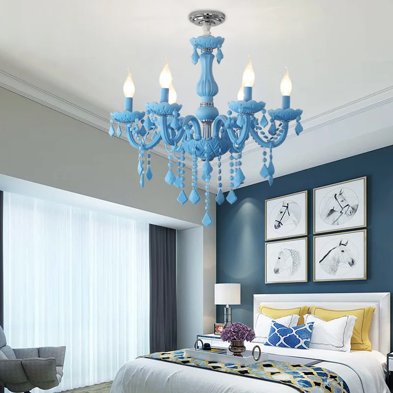 Children's Room Princess Room Crystal Chandeliers Blue Green Pink Crystal Glass Lamp Living Room Nursery Girl Bedroom Chandelier