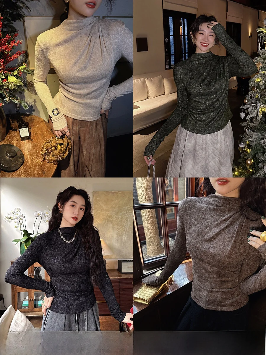 

Swan Ne Pleated Base irt Women's Winter Inner Wear High-End Knitted Top Trendy Loose Fit Long Sve Regular Length