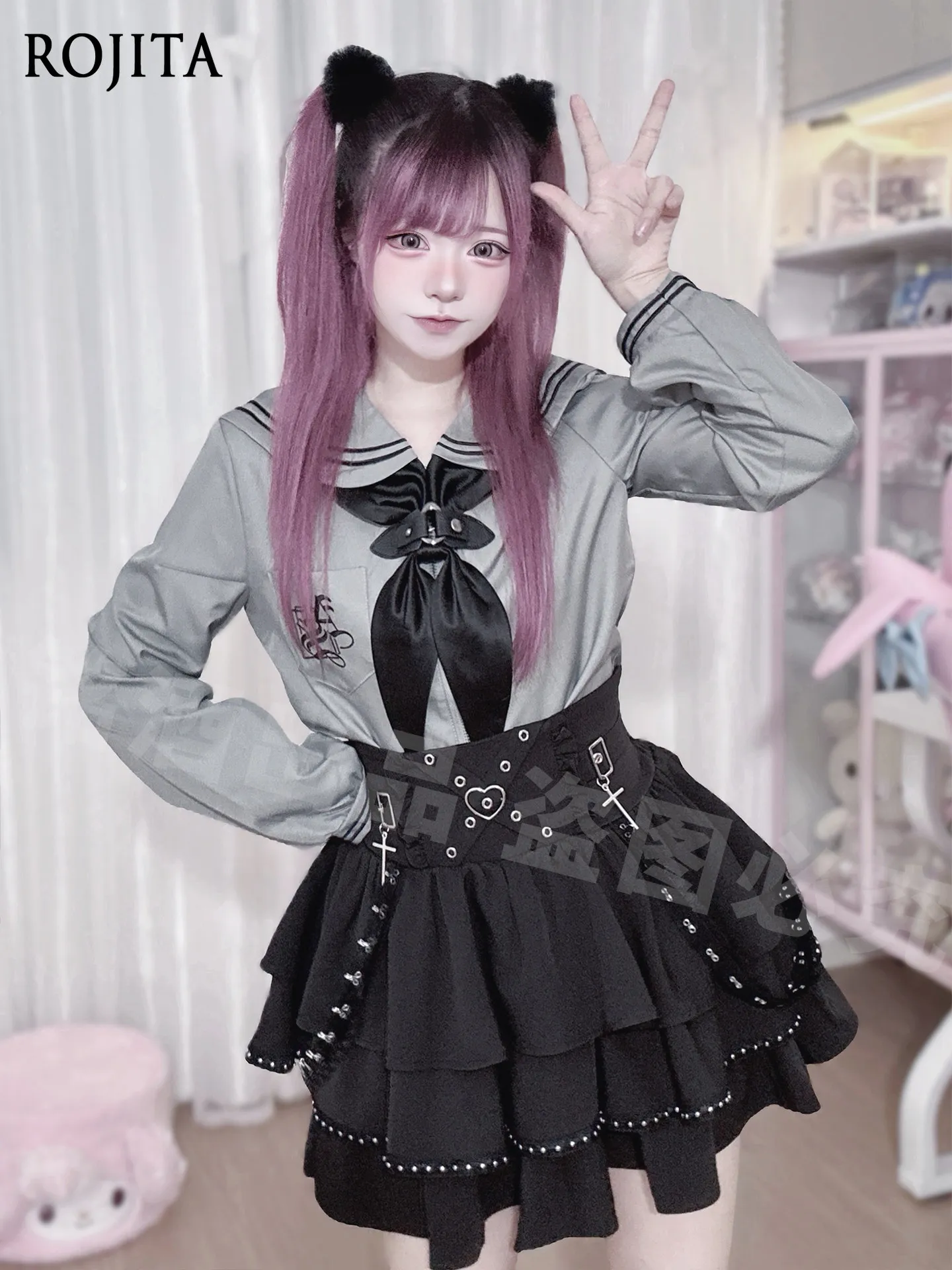 Cropped Sailor Collar Shirt with Bow Spring and Autumn Long Sleeve Sailor Suit Black and Grey Cross High Waist Short Skirt Set
