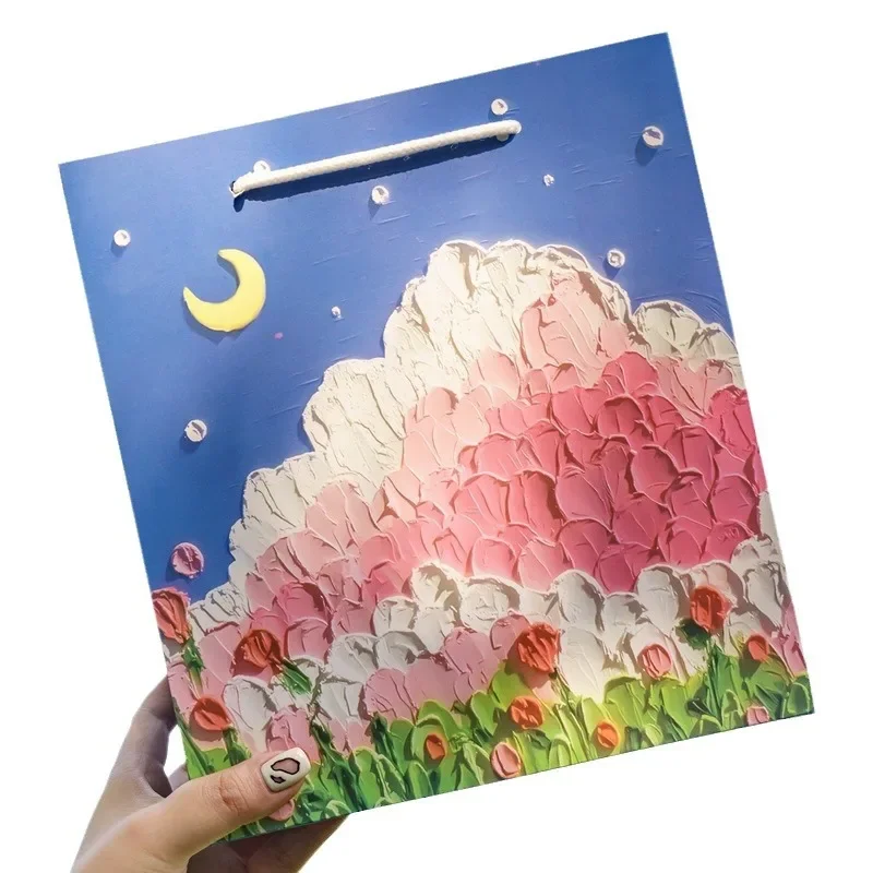 حقيبة هدايا برسومات زيتية إبداعية ، حقيبة حمل أدبية ، تغليف رائع لأعياد الميلاد ، صندوق ورقي ، صندوق تعبئة زهور ، مهرجان #5