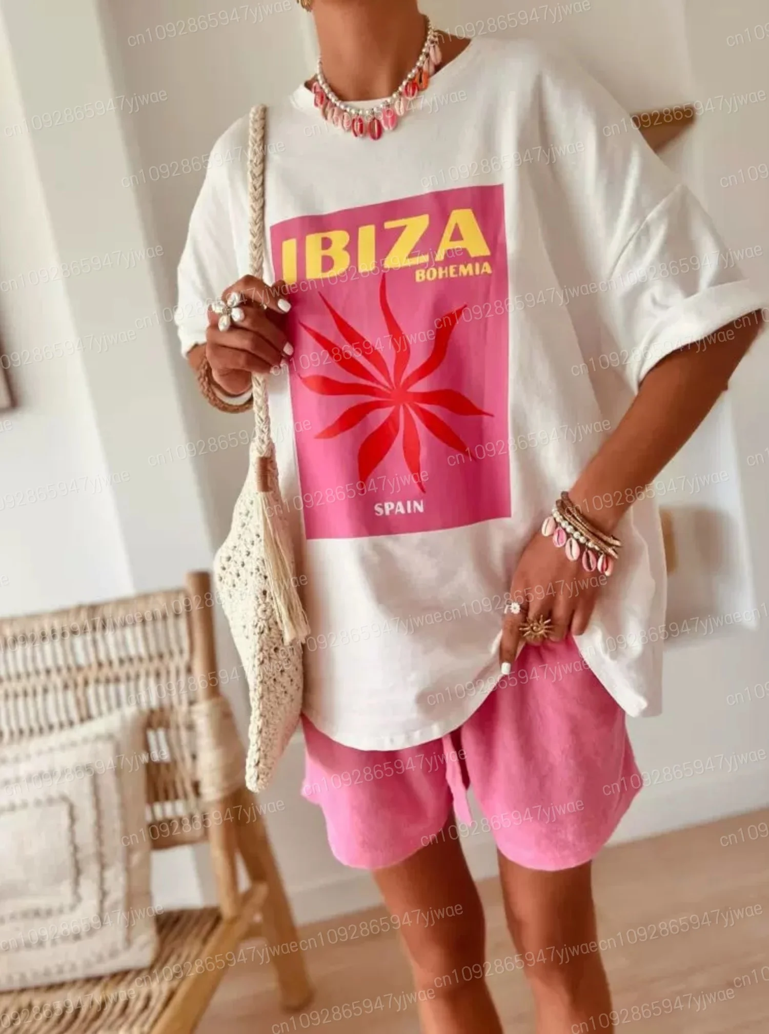 

Летняя женская футболка из полиэстера в американском стиле IBIZA Испания с круглым вырезом и коротким рукавом, футболка больших размеров, женская повседневная спортивная футболка на каждый день