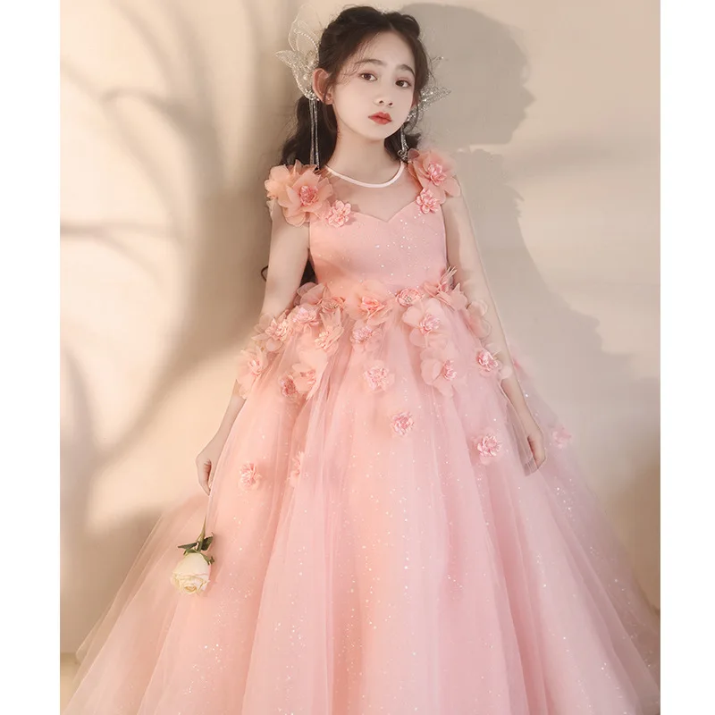 Girls' Dress Princess Dress New Small Flower Children Pink Flower Children's Host Piano Performance Dress Manufacturer