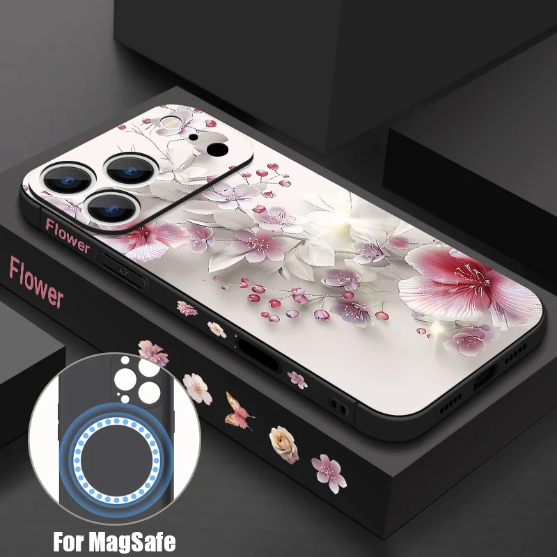 Pink Flowers Patterned Phone Case For iPhone 17 Pro Max 16e Air 16 15 14 13 12 Pro Max 11 Magnetic For Magsafe TPU Lanyard Cover