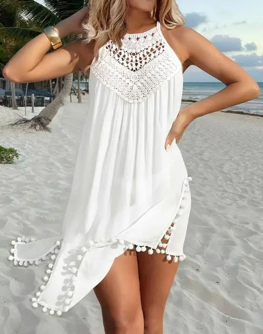 Damesjurken Nieuwe Halter Stropdas Kant Gesplitst Mouwloos Zijsplit Jurk Casual Hollow-Out Terug Pom Pom Trim Semi Sheer Cover Up