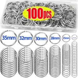 10/100pcs Silver Stainless Steel Keyring Hole Key Chain DIY Plated Round Split Keychains Pendant Key Holders 25mm 30mm 32mm 35mm