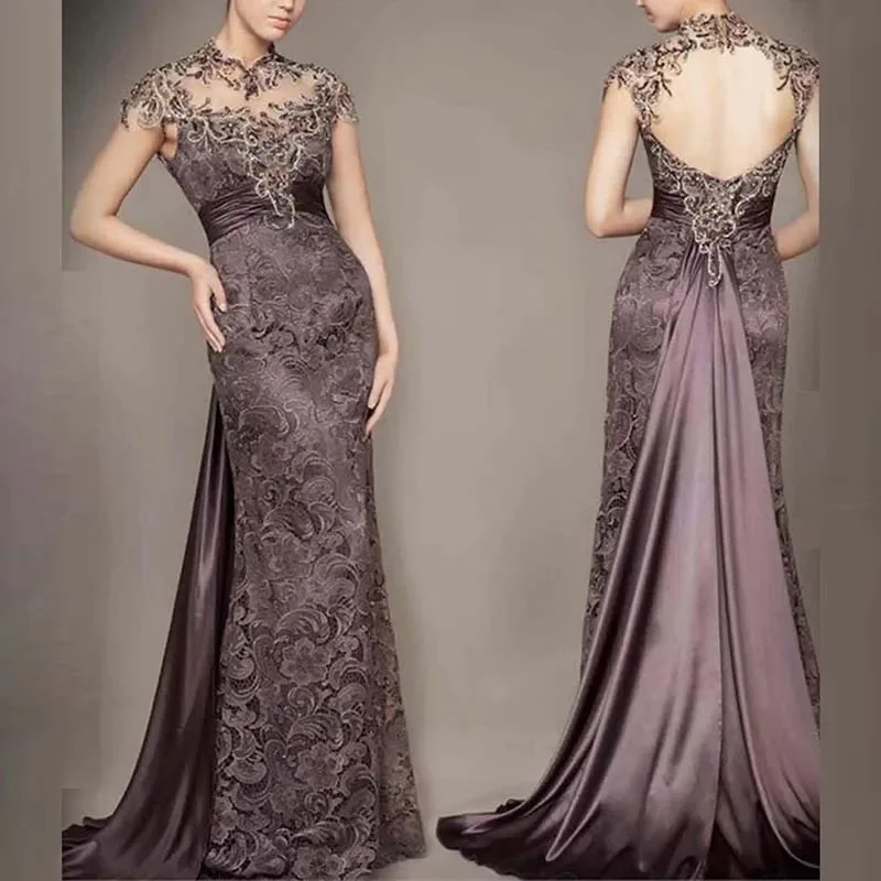 

Customized Gorgeous Mother of the Bride Dresses Slim Lace High Collar Cap Sleeves Back Out Floor Length Wedding Party Gowns
