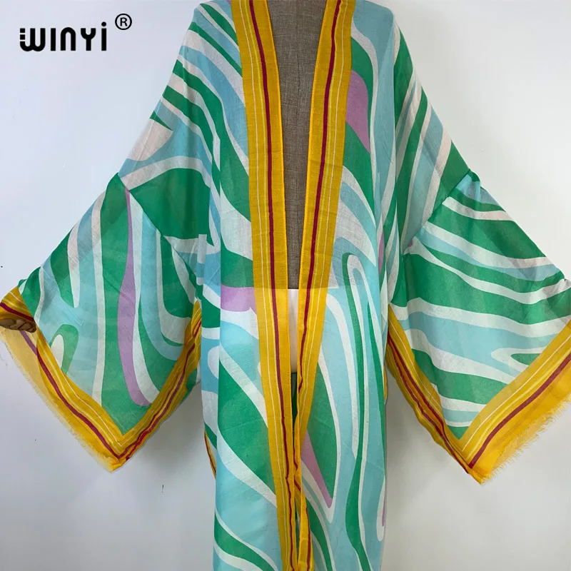 WINYI Summer print cotton feeling Women Cardigan Loose Long Dress Cocktail Party Boho Maxi Holiday Beach Wear Swim Suit Cover Up