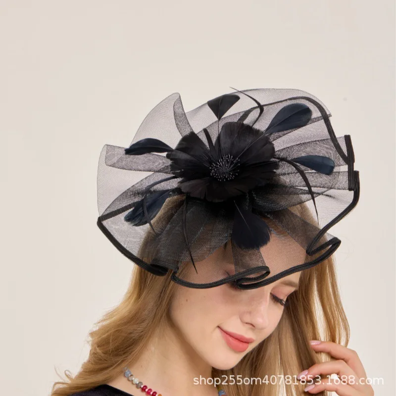 Vintage Mesh Feather Flower Fascinator Hat 4pcs Set Pearl Necklace Earrings Lace Gloves For Wedding Banquet Cocktail Party Brida