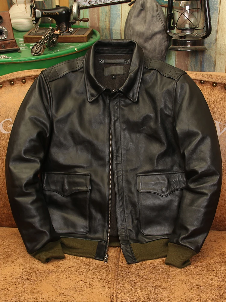 American A2 Air Force Flight Suit Jacket Lapel Short Wax Dyed Horse Leather Motorcycle Leather Coat Men's Vintage Leather Coat