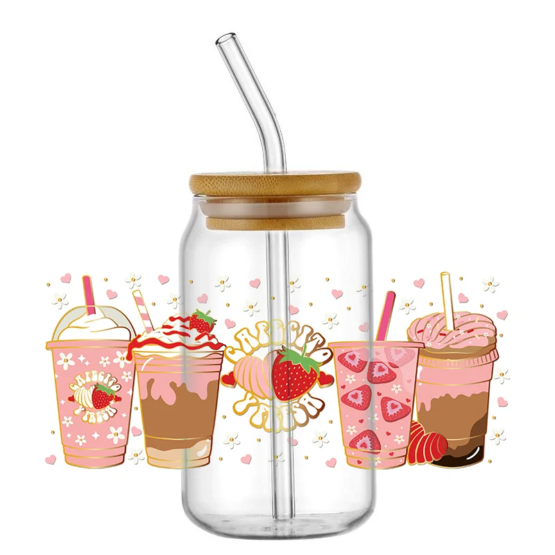 UV DTF Cup Wrap Strawberry Drink 3D Sticker for 16oz Libbey Glasses Wraps Bottles Cup Can DIY Waterproof Custom Decals