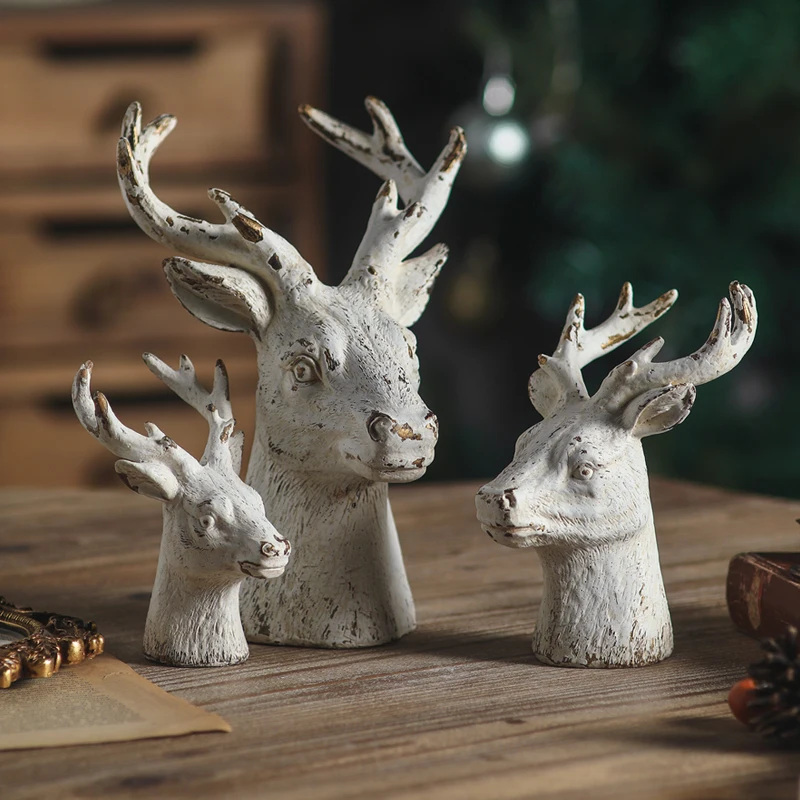3Pcs Vintage Distressed Platinum Reindeer Head Set Magnesium Oxide Deer Half-Body Sculpture Country Farmhouse Christmas Tabletop Decoration Living Room Entryway Table Centerpiece Holiday Gift