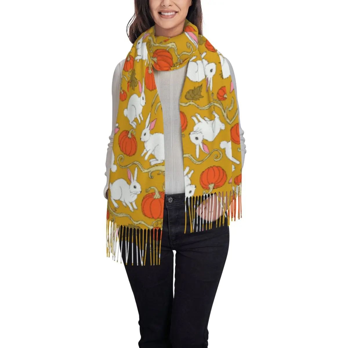 Custom Cute Rabbit And Pumpkin Pattern Tassel Scarf Women Soft Shawls Wraps Ladies Winter Fall Scarves