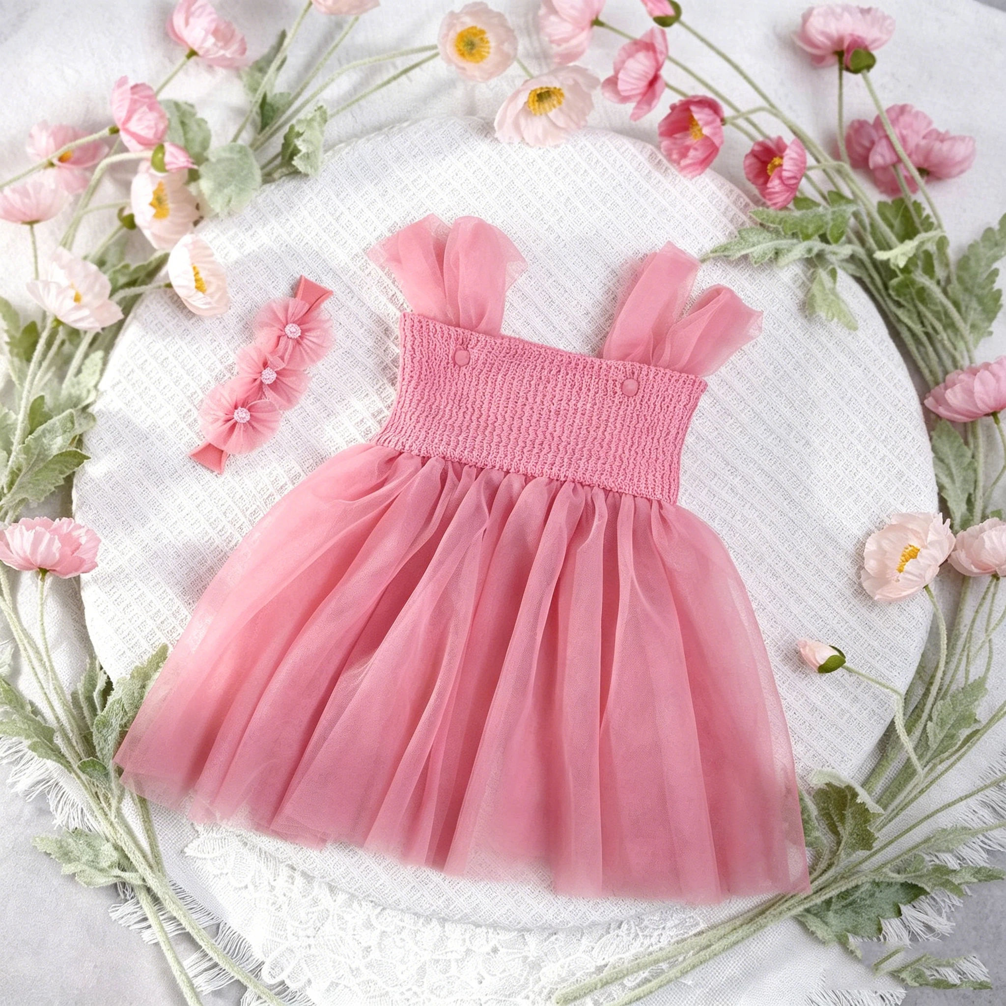 Newborn Photography Dress With Flower Headband Infant Princess Skirt Tulle Mesh Baby Dress Photo Prop Clothes Baby Party DressHD image 5