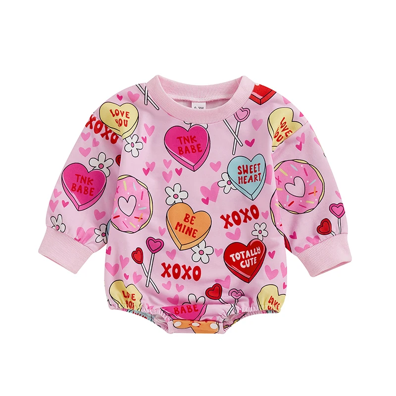 

Baby Girl Spring Romper Long Sleeve Round Neck Heart Lollipop Print Bodysuit Newborn Outfit