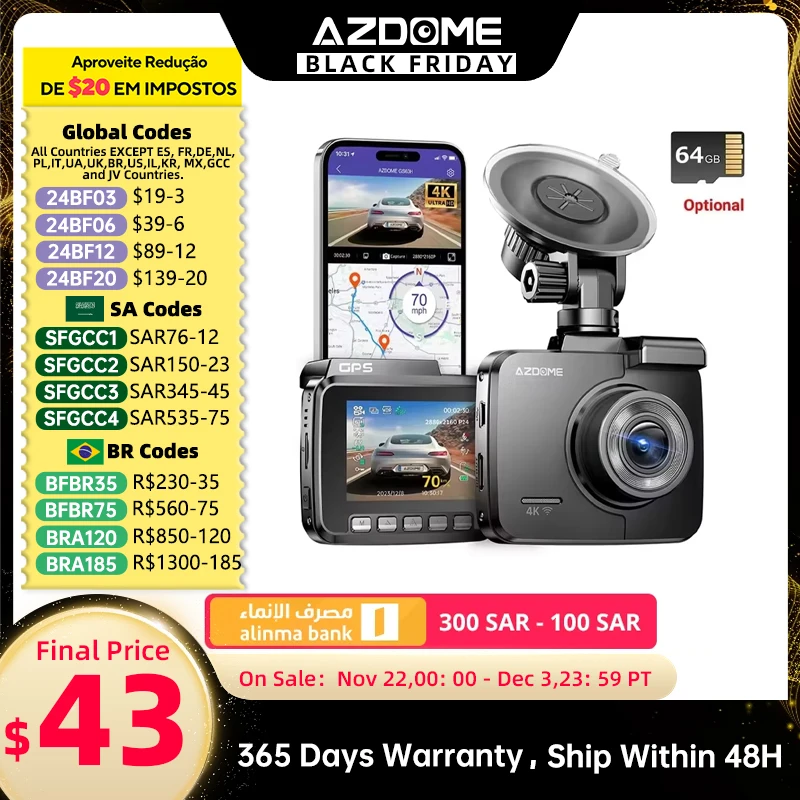 AZDOME GS63H Dash Cam 4K Car Recorders GPS Wifi Vehicle Front Cam Car DVR Night Vision Dashcam 24H Parking Monitor Camera Car