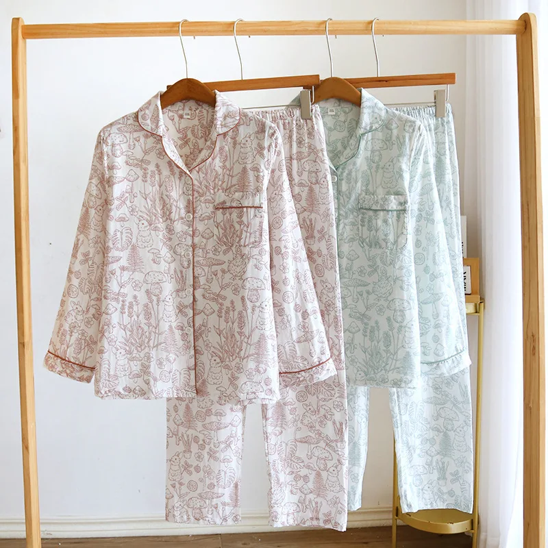 New Spring Summer Women's Japanese Pajamas Set Lightweight Long Sleeve Trousers with Cardigan in Pure Cotton Gauze XL Size Cozy