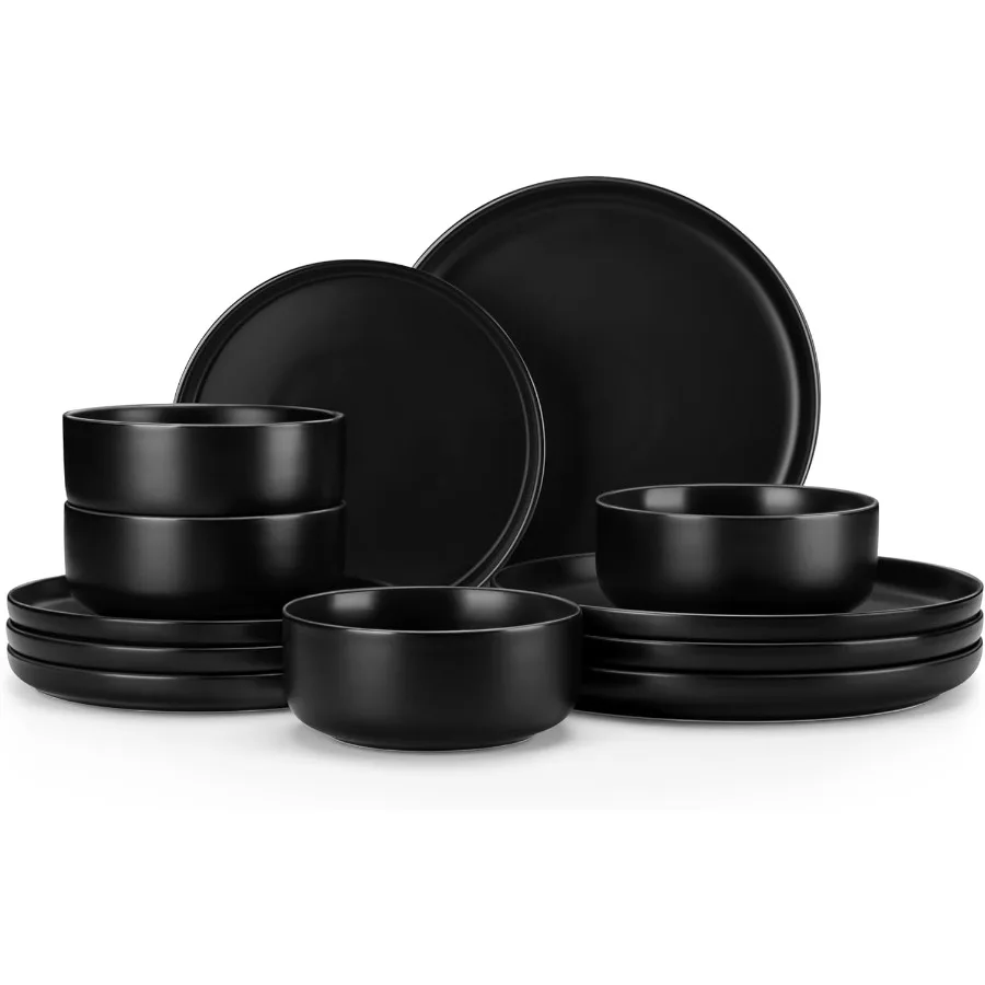 

12Piece Porcelain Dinnerware Set for 4 Including Plates and Bowls Black Ceramic Kitchen Tableware Set with Microwave and Dishwa