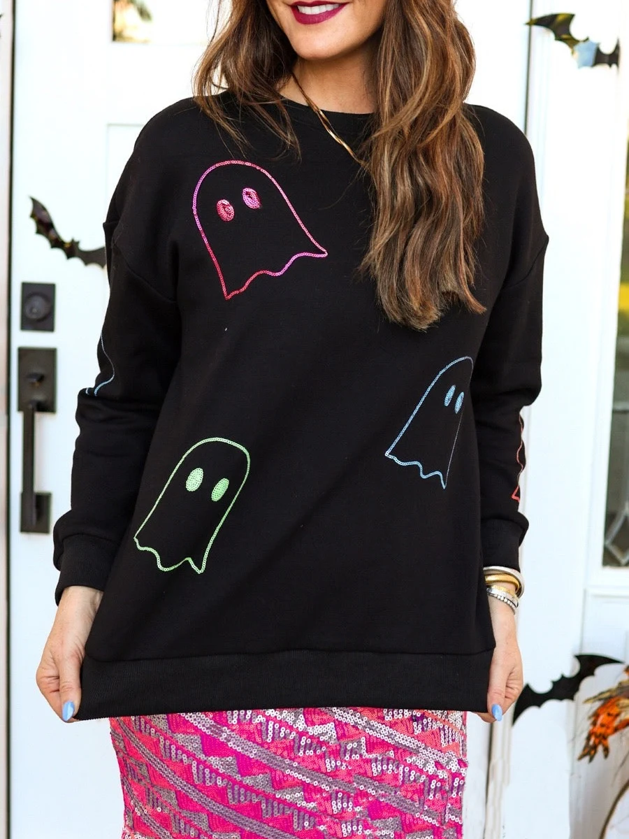 Halloween Cute Ghost Sweatshirt for Women Spooky Season Sequin Patch Sparkly Pullover Tops Funny Novelty Crewneck Sweatshirts