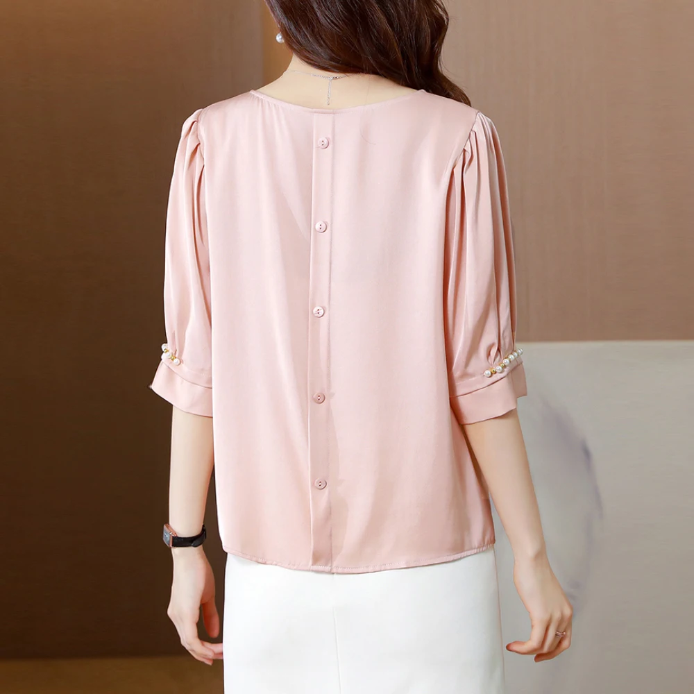 Summer Solid Satin Shirts For Women Fashion Puff Sleeve Beaded Blouses Women 2024 Korean Style Office Lady Simple Basic Tops