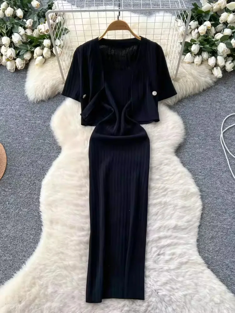 Foamlina Sommer-Cardigan, kleine Jacke, Oberteil, Outfit für Damen, schickes, modisches, schwarz-weiß gestreiftes Strickkleid, zweiteiliges Set