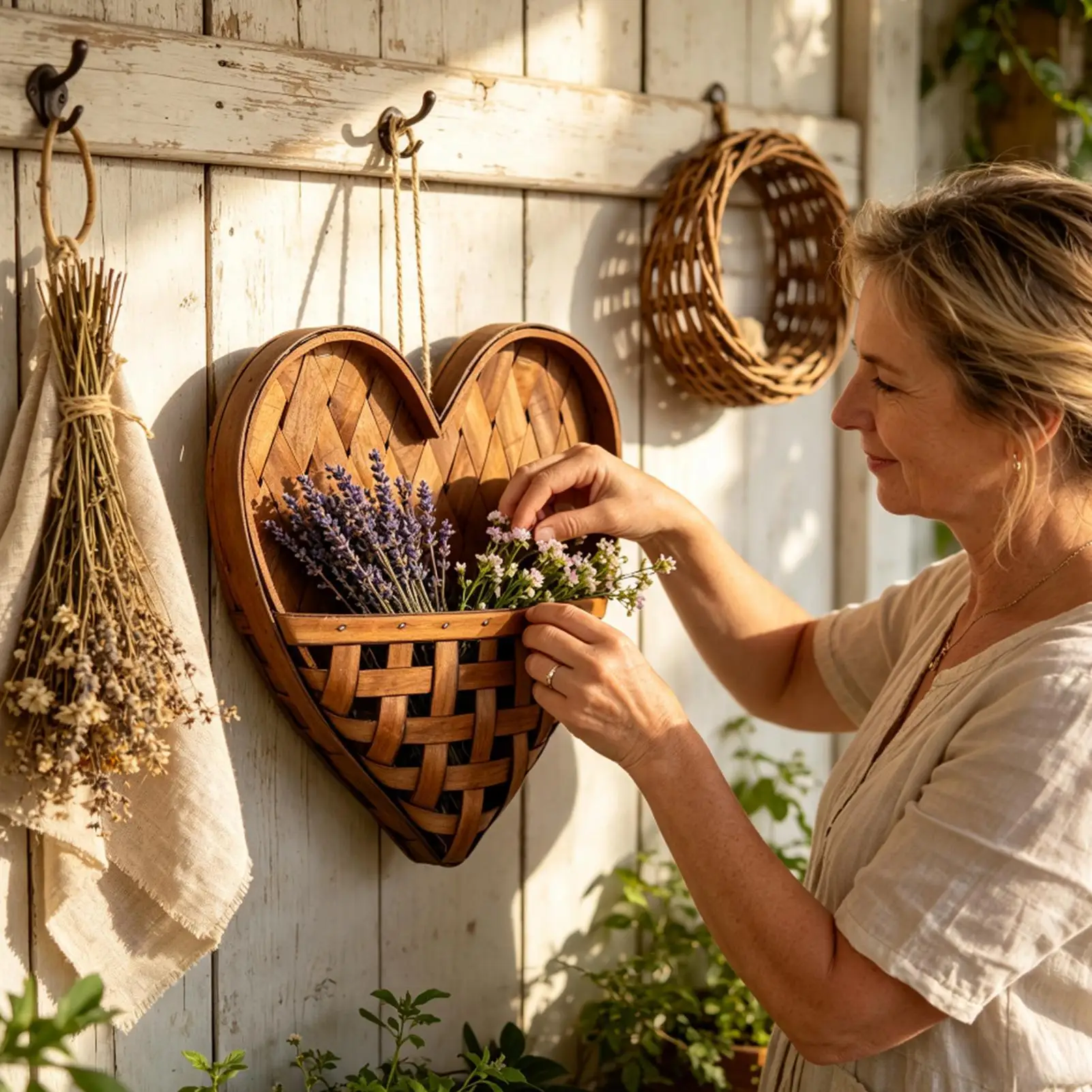 Heart Shaped Wall Baskets Hand Woven Wooden Rustic Bohemian Decoration Wall Basket Flower Planter With Rope For Living Room