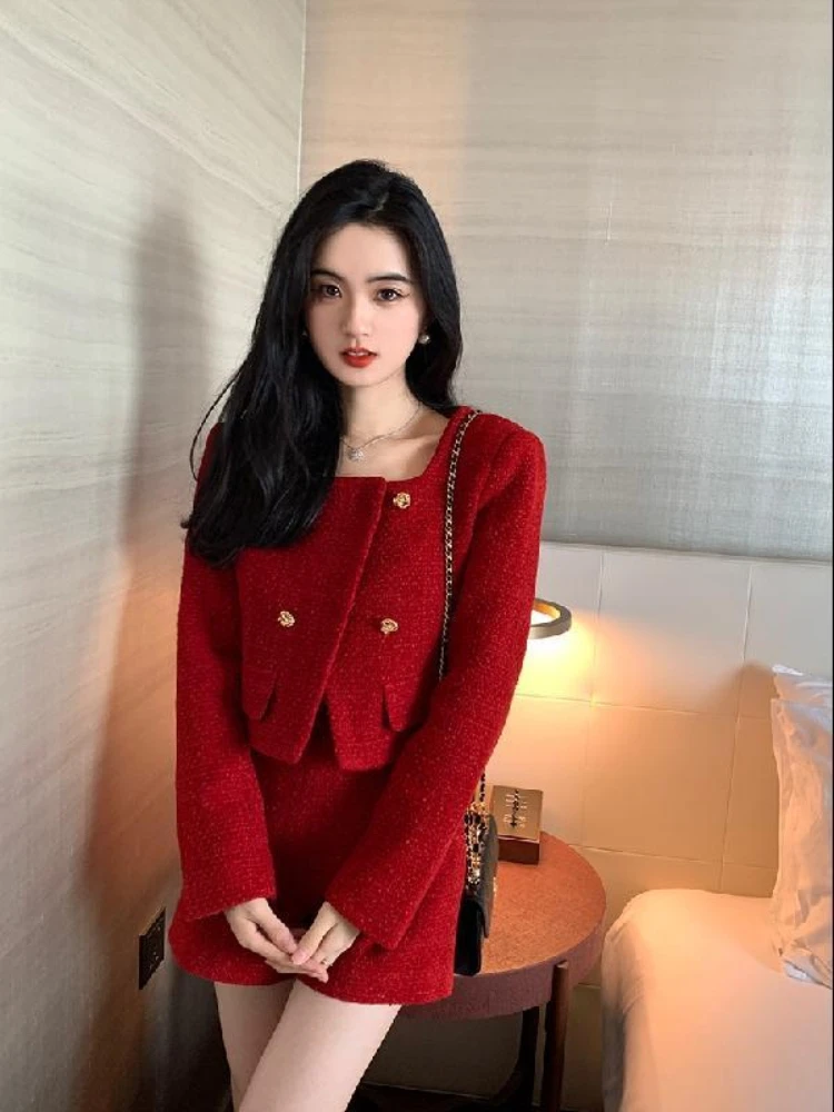 Insozkdg Christmas New Year Retro Red Women Jacket Shorts Sets Autumn Winter Temperament Socialite Suit Trendy Coat Shorts Set