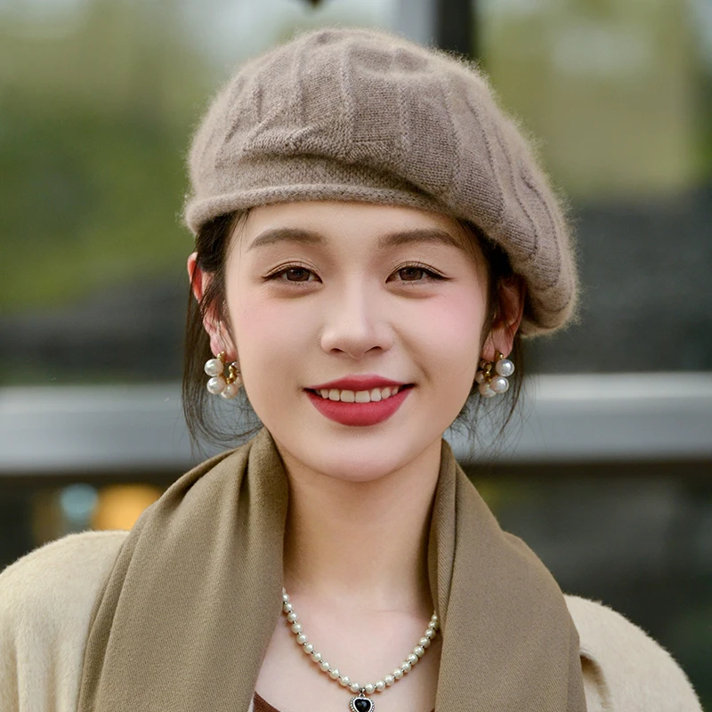 100% pure cashmere knitted beret solid color multifunctional artist hat ear protection warm hat fashionable commuting hat