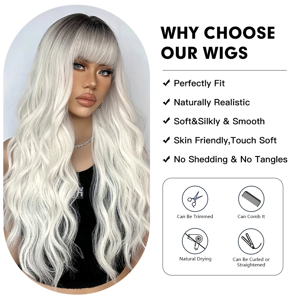 ALAN EATON Long Ombre Blonde Synthetic Wigs Natural Wavy Wig with Bangs for Daily Use Soft High Temperature Fiber Party Cosplay