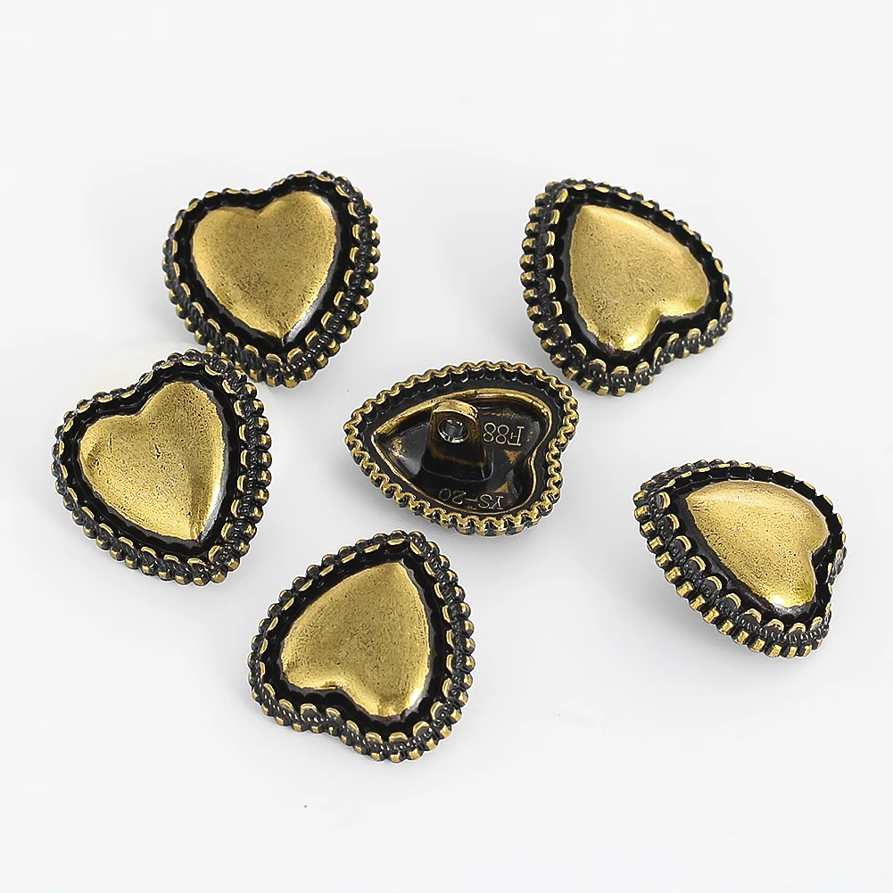 5PC 20MM Retro Bronze Love Heart Jeans Shank Zinc Alloy Metal Button Couture Coat Jacket Sewing Craft Cufflink Garment Accessory