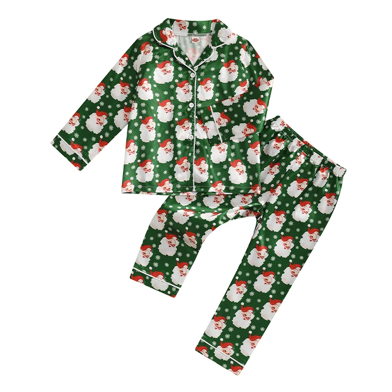 Kids Girls Boys Christmas Pajamas Set Santa Print Shirts Tops Long Pants 2 Pieces Lounge Suit Sleepwear