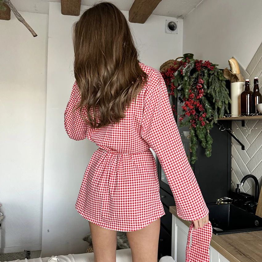Hiloc-Camisón informal a cuadros con una hilera de botones para mujer, Vestido corto de manga larga con estampado Sexy, bata con cordones para el hogar, lazo 2026