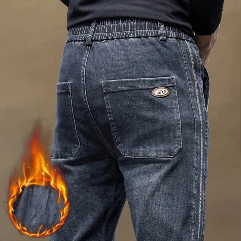 

Winter Men's Fleece Jeans Thickened Warm Elastic Waist Fashion Spliced Straight Casual Trousers Male Fitted Velvet Thermal Pants