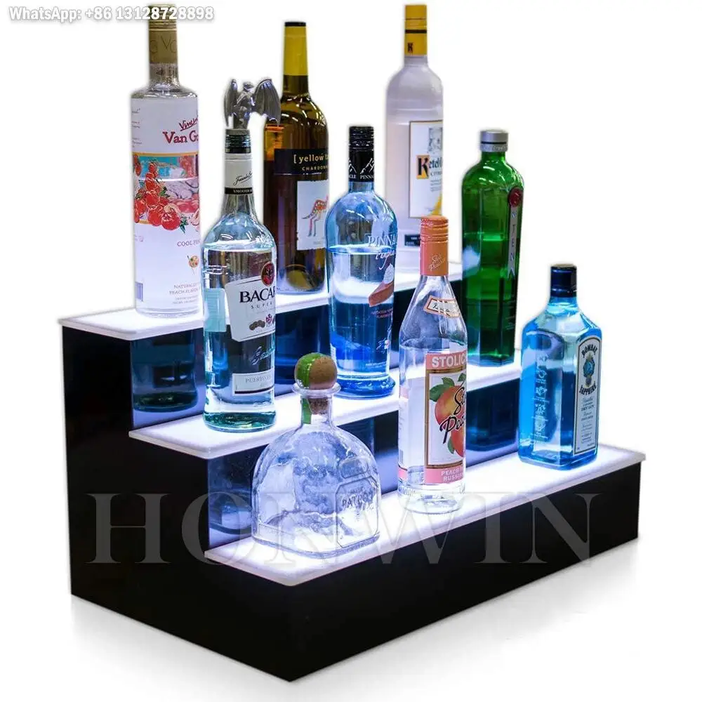 

40cm Length LED Illuminated 3 Step Led Lighted Bottle Floating Wall Display Shelf with LED Color Changing Lights