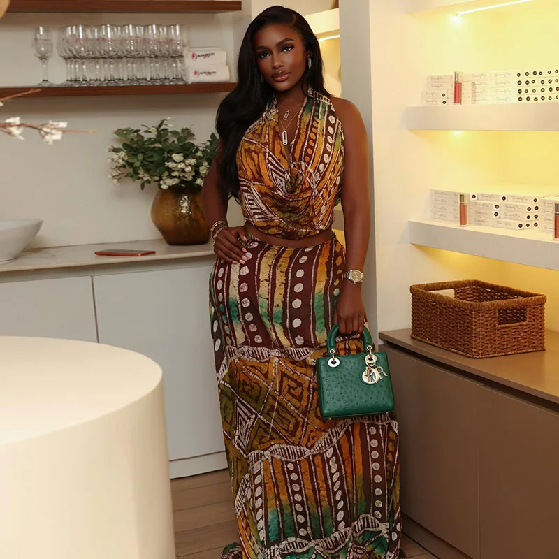 

STYLISH LADY Ethnic Print Halter Cowl Neck Sleeveless Crop Top and Maxi Skirt Set For Women Summer 2026 Boho Two Piece Outfit