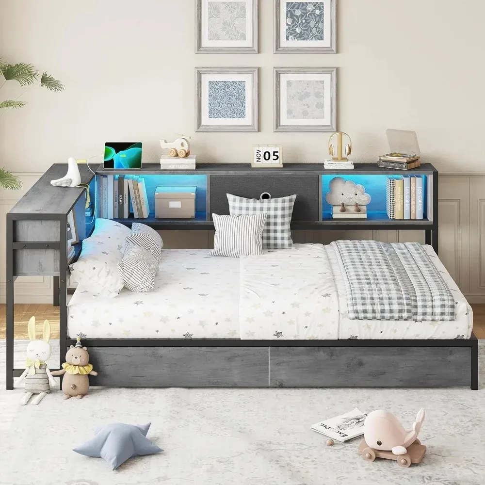 

Corner Bed Frame with Bookcase Storage and Led Lights Twin Size Metal Platform Bed Frame with Storage Drawers