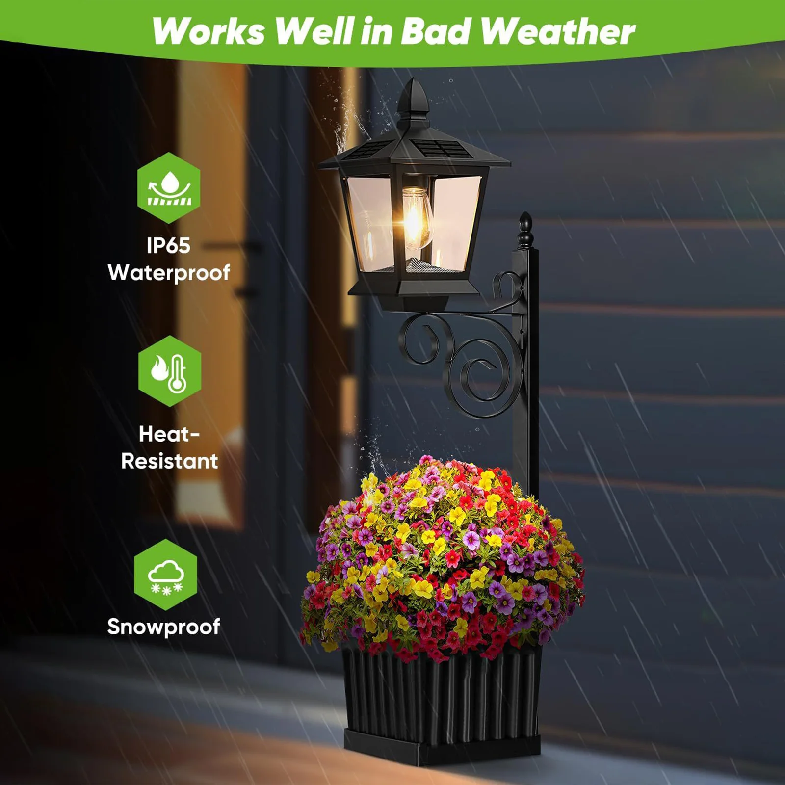 Lámpara solar 2 en 1 para macetas de exterior con luz, poste de luz para macetero, lámpara de suelo o de pared para puerta principal/patio/césped
